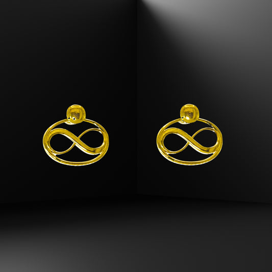 Cosmic Infinity Charm + Studs Earrings Small - Gold – symbolic stud or hoop earrings designed by Jéy Jewels by Divya on black background
