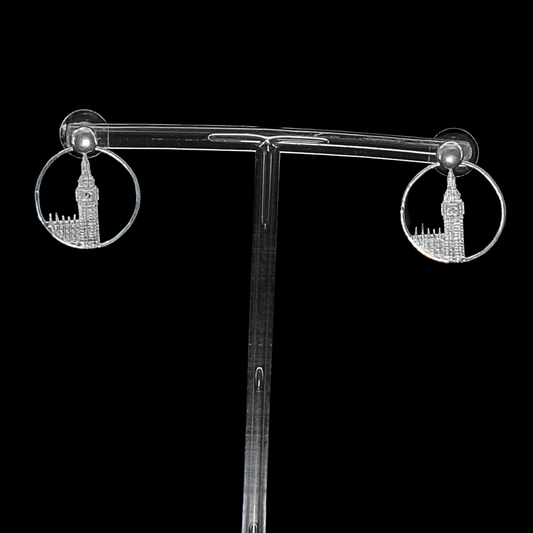 Big Ben Medium Earrings – Silver – Pendant or earrings inspired by London’s iconic Big Ben tower – elegant architectural design on black background