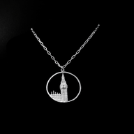 Big Ben Large Necklace – Silver – Pendant or earrings inspired by London’s iconic Big Ben tower – elegant architectural design on dark background