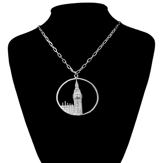 Big Ben Large Necklace – Silver – Pendant or earrings inspired by London’s iconic Big Ben tower – elegant architectural design on dark background