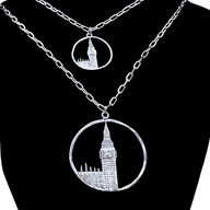 Big Ben Large Necklace – Silver – Pendant or earrings inspired by London’s iconic Big Ben tower – elegant architectural design on dark background
