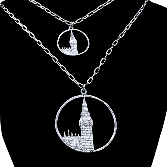 Big Ben Large Necklace – Silver – Pendant or earrings inspired by London’s iconic Big Ben tower – elegant architectural design on dark background