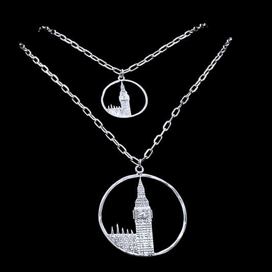 Big Ben Medium Necklace – Silver – Pendant or earrings inspired by London’s iconic Big Ben tower – elegant architectural design on dark background
