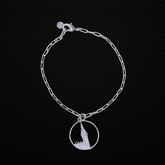 Big Ben Medium Bracelet – Silver – Pendant or earrings inspired by London’s iconic Big Ben tower – elegant architectural design on dark background