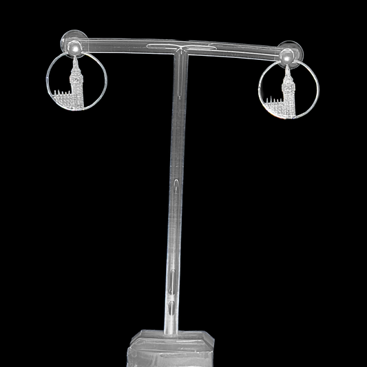 Big Ben Medium Earrings – Silver – Pendant or earrings inspired by London’s iconic Big Ben tower – elegant architectural design on black background