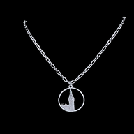 Big Ben Medium Necklace – Silver – Pendant or earrings inspired by London’s iconic Big Ben tower – elegant architectural design on dark background