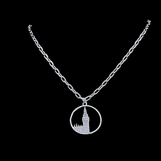 Big Ben Medium Necklace – Silver – Pendant or earrings inspired by London’s iconic Big Ben tower – elegant architectural design on dark background