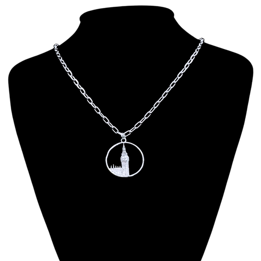 Big Ben Medium Necklace – Silver – Pendant or earrings inspired by London’s iconic Big Ben tower – elegant architectural design on dark background