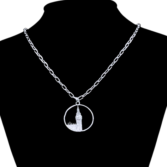 Big Ben Medium Necklace – Silver – Pendant or earrings inspired by London’s iconic Big Ben tower – elegant architectural design on dark background