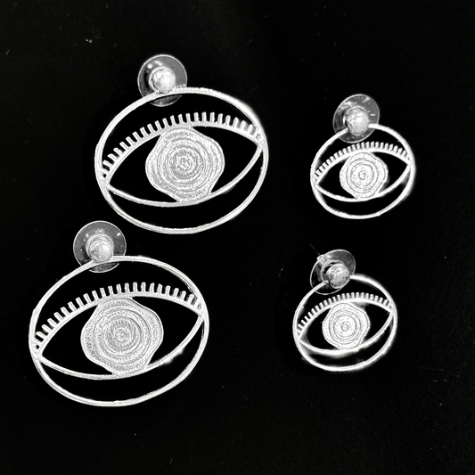 Evil Eye Stud + Hoop Earrings Medium - Silver – symbolic stud or hoop earrings designed by Jey Jewels by Divya two sizes shown in image