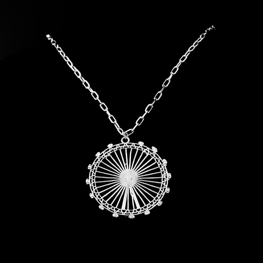 London Eye Large Necklace – Silver – Circular design inspired by the London Eye – a modern symbol of London’s skyline, architectural jewellery on black background