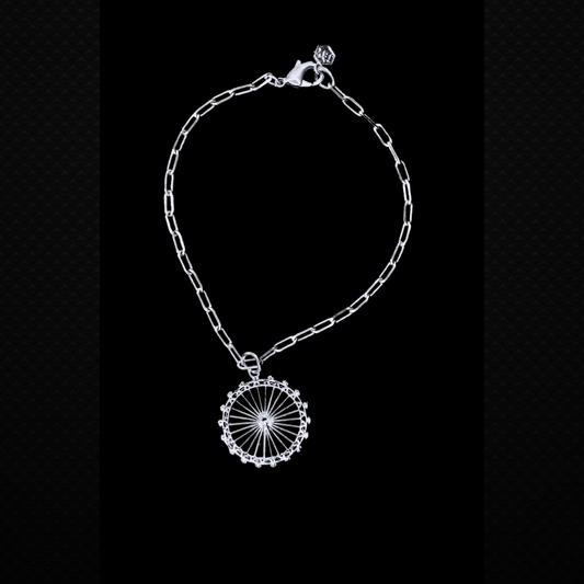 London Eye Medium Bracelet – Silver – Circular design inspired by the London Eye – a modern symbol of London’s skyline, architectural jewellery on black background