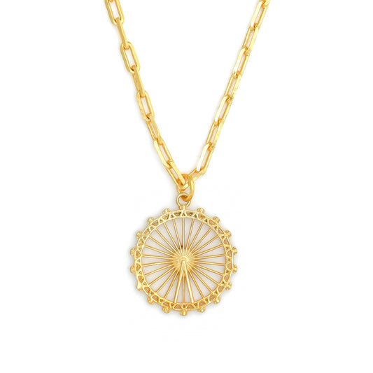 London Eye Medium Necklace – Gold – Circular design inspired by the London Eye – a modern symbol of London’s skyline, architectural jewellery on white 
background