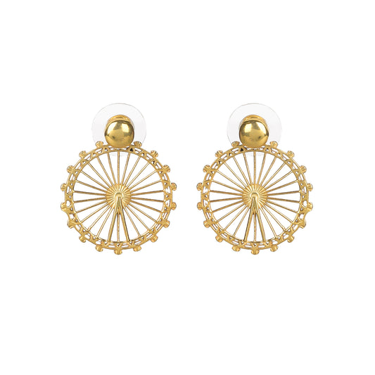 London Eye Medium Earrings – Gold – Circular design inspired by the London Eye – a modern symbol of London’s skyline, architectural jewellery on white background