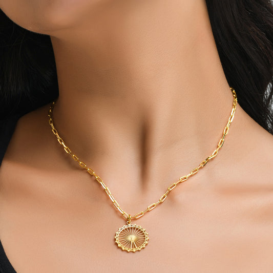 London Eye Medium Necklace – Gold – Circular design inspired by the London Eye – a modern symbol of London’s skyline, architectural jewellery on model neck