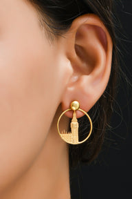 Big Ben Medium Earrings – Gold – Pendant or earrings inspired by London’s iconic Big Ben tower – elegant architectural design on model ear zoom in