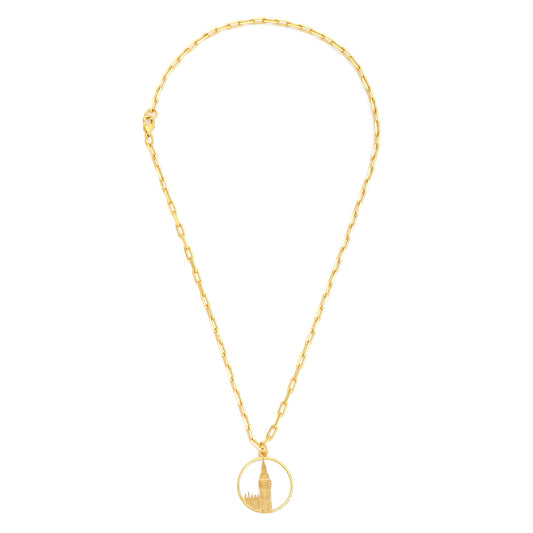 Big Ben Medium Necklace – Gold – Pendant or earrings inspired by London’s iconic Big Ben tower – elegant architectural design on white background