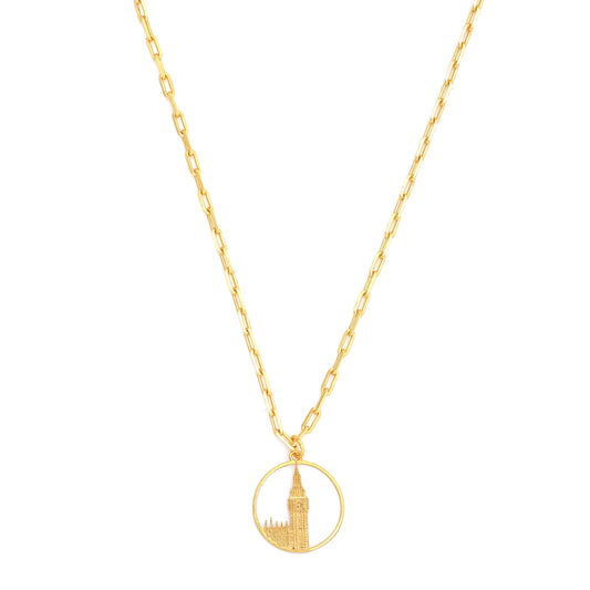 Big Ben Medium Necklace – Gold – Pendant or earrings inspired by London’s iconic Big Ben tower – elegant architectural design on white background