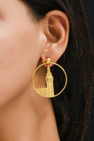 Big Ben Large Earrings – Gold – Pendant or earrings inspired by London’s iconic Big Ben tower – elegant architectural design on model ear zoom in
