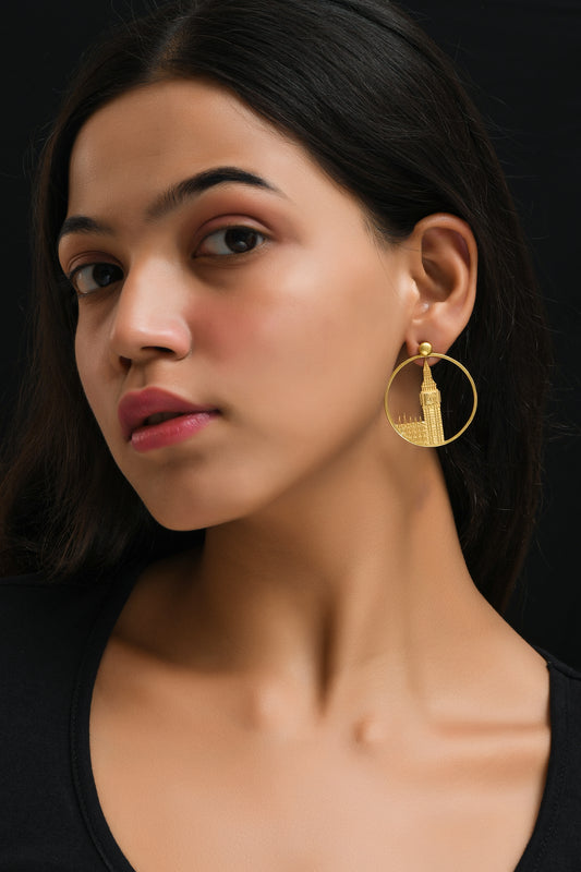 Big Ben Large Earrings – Gold – Pendant or earrings inspired by London’s iconic Big Ben tower – elegant architectural design on model shoot zoom out