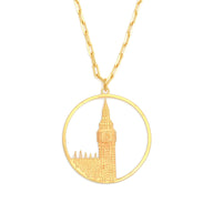 Big Ben Large Necklace – Gold – Pendant or earrings inspired by London’s iconic Big Ben tower – elegant architectural design on white background zoom in