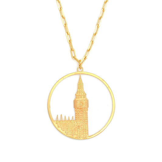 Big Ben Large Necklace – Gold – Pendant or earrings inspired by London’s iconic Big Ben tower – elegant architectural design on white background zoom in