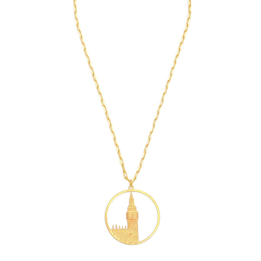 Big Ben Large Necklace – Gold – Pendant or earrings inspired by London’s iconic Big Ben tower – elegant architectural design on white background