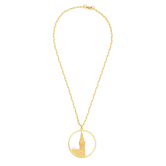 Big Ben Large Necklace – Gold – Pendant or earrings inspired by London’s iconic Big Ben tower – elegant architectural design on white background