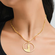 Big Ben Large Necklace – Gold – Pendant or earrings inspired by London’s iconic Big Ben tower – elegant architectural design on model neck zoom in
