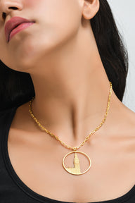 Big Ben Large Necklace – Gold – Pendant or earrings inspired by London’s iconic Big Ben tower – elegant architectural design on model neck