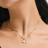 Evil Eye Pendant Necklace Small - Gold – elegant pendant necklace with spiritual meaning by Jey Jewels by Divya on a model neck zoomed in