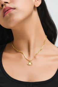 Evil Eye Pendant Necklace Small - Gold – elegant pendant necklace with spiritual meaning by Jey Jewels by Divya on model neck