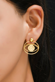 Evil Eye Stud + Hoop Earrings Medium - Gold – symbolic stud or hoop earrings designed by Jey Jewels by Divya on model ears zoomed in
