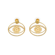 Evil Eye Stud + Hoop Earrings Medium - Gold – symbolic stud or hoop earrings designed by Jey Jewels by Divya on white background