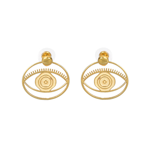 Evil Eye Stud + Hoop Earrings Medium - Gold – symbolic stud or hoop earrings designed by Jey Jewels by Divya on white background