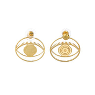Evil Eye Stud + Hoop Earrings Medium - Gold – symbolic stud or hoop earrings designed by Jey Jewels by Divya on white background, one front view and one back view