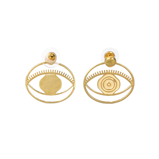 Evil Eye Stud + Hoop Earrings Medium - Gold – symbolic stud or hoop earrings designed by Jey Jewels by Divya on white background, one front view and one back view