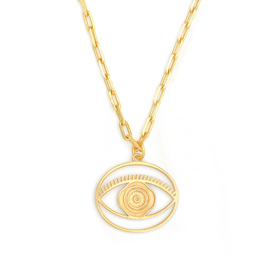 Evil Eye Pendant Necklace Medium - Gold – elegant pendant necklace with spiritual meaning by Jey Jewels by Divya on white background, zoomed in shot