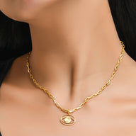 Evil Eye Pendant Necklace Medium - Gold – elegant pendant necklace with spiritual meaning by Jey Jewels by Divya on model neck, zoomed in shot