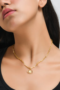 Evil Eye Pendant Necklace Medium - Gold – elegant pendant necklace with spiritual meaning by Jey Jewels by Divya on model neck