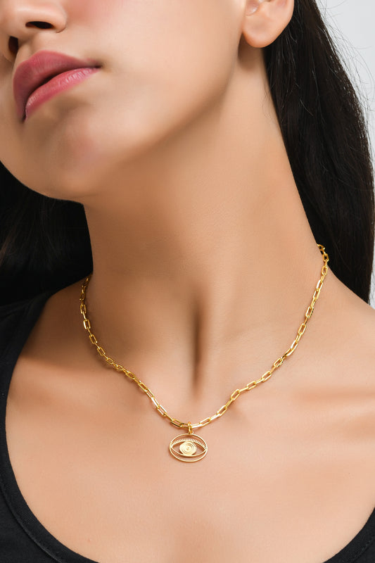 Evil Eye Pendant Necklace Medium - Gold – elegant pendant necklace with spiritual meaning by Jey Jewels by Divya on model neck