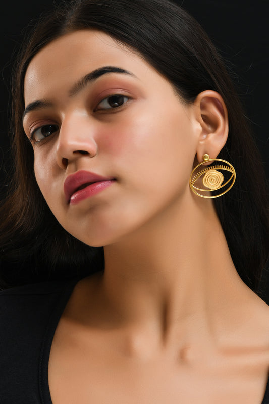 Evil Eye Stud + Hoop Earrings Large - Gold – symbolic stud or hoop earrings designed by Jey Jewels by Divya
on model ear, zoomed out shot