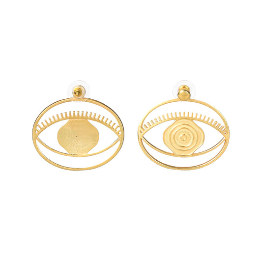 Evil Eye Stud + Hoop Earrings Large - Gold – symbolic stud or hoop earrings designed by Jey Jewels by Divya on white background, one front view and one back view