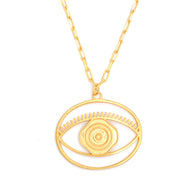 Evil Eye Pendant Necklace Large – Gold – elegant pendant necklace with spiritual meaning by Jey Jewels by Divya on white background, zoomed in shot