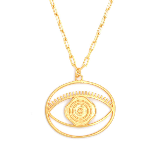 Evil Eye Pendant Necklace Large – Gold – elegant pendant necklace with spiritual meaning by Jey Jewels by Divya on white background, zoomed in shot