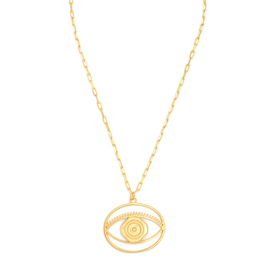 Evil Eye Pendant Necklace Large – Gold – elegant pendant necklace with spiritual meaning by Jey Jewels by Divya on white background