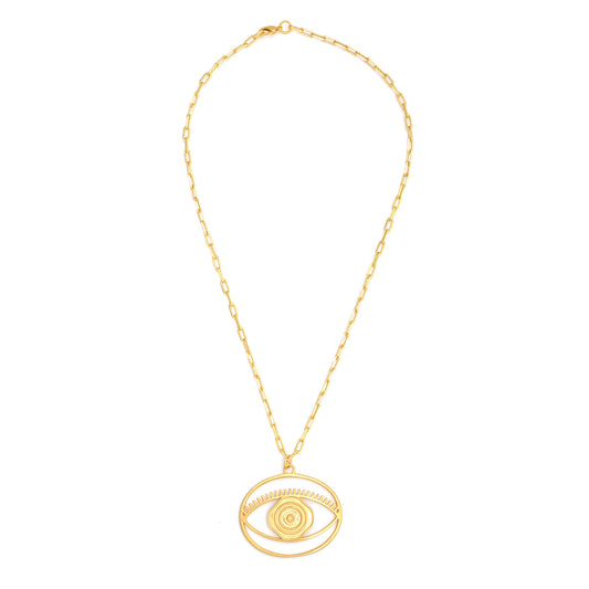Evil Eye Pendant Necklace Large – Gold – elegant pendant necklace with spiritual meaning by Jey Jewels by Divya on white background, full necklace view