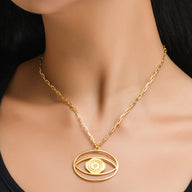Evil Eye Pendant Necklace Large – Gold – elegant pendant necklace with spiritual meaning by Jey Jewels by Divya on model neck, zoomed in shot