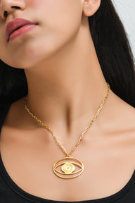 Evil Eye Pendant Necklace Large – Gold – elegant pendant necklace with spiritual meaning by Jey Jewels by Divya on model neck