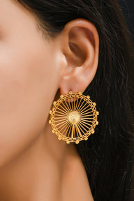 London Eye Large Earrings – Gold – Circular design inspired by the London Eye – a modern symbol of London’s skyline, architectural jewellery on black background